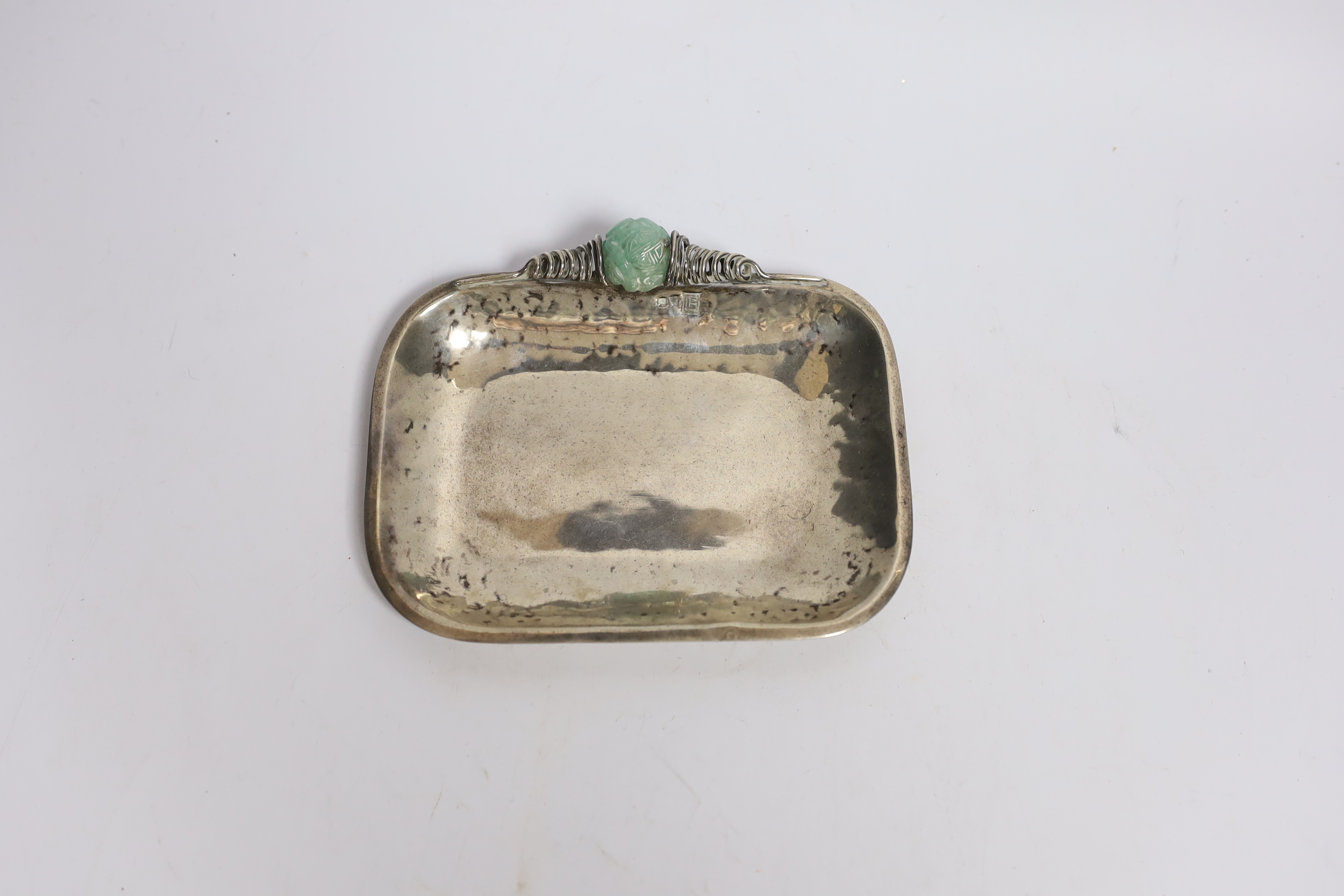 A Chinese white metal and bowenite jade mounted dish, 14.7cm, gross 3.7oz.